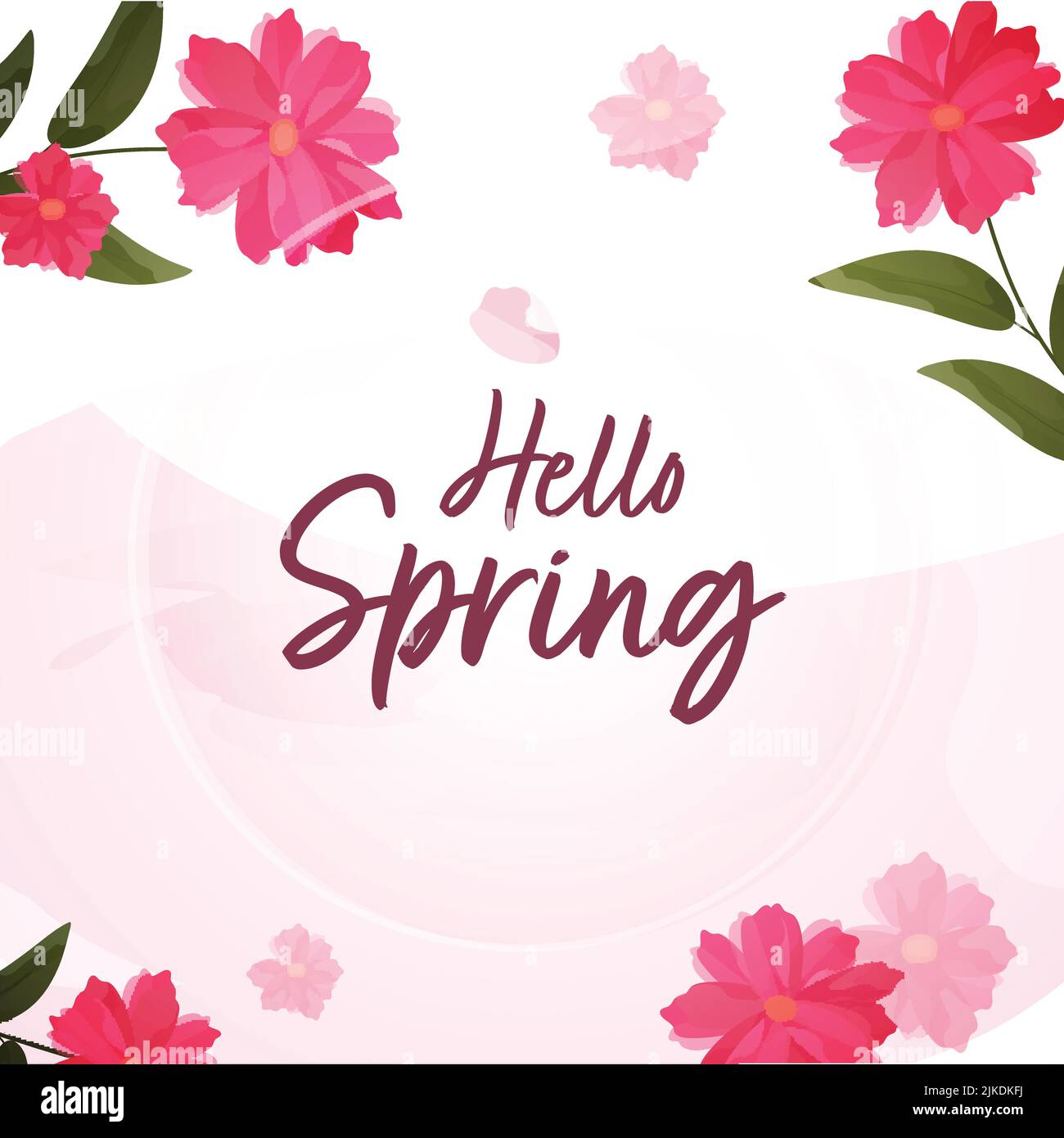 Hola Fuente de primavera con hermosas flores y hojas decoradas en fondo  rosa Imagen Vector de stock - Alamy