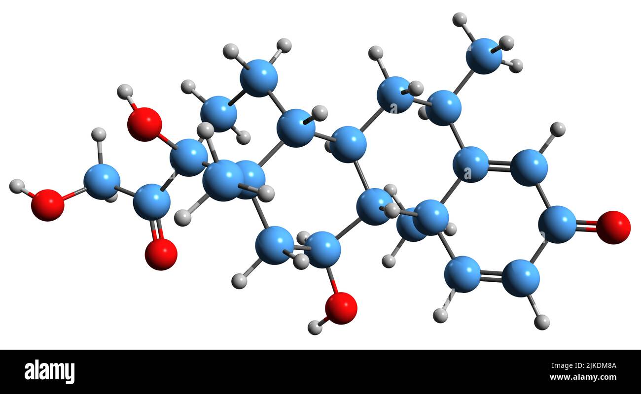 3D imagen de la fórmula esquelética de la metilprednisolona - estructura química molecular del glucocorticoide sintético aislado sobre fondo blanco Foto de stock