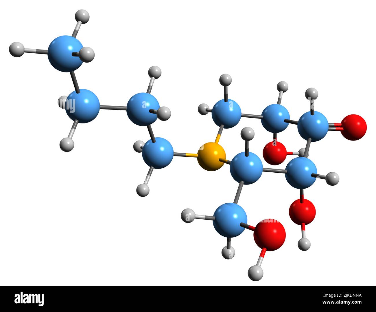 Imagen 3D de la fórmula esquelética de Miglustat - estructura química molecular del análogo sintético de D-glucosa aislado sobre fondo blanco Foto de stock