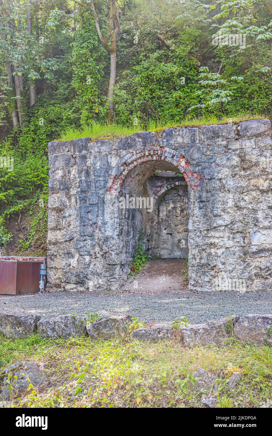 Un horno de cal en Lime Kiln Point State Park en San Juan Island en el noroeste de Washington, EE.UU. Un horno de cal se utiliza para calentar la piedra caliza a un muy Foto de stock