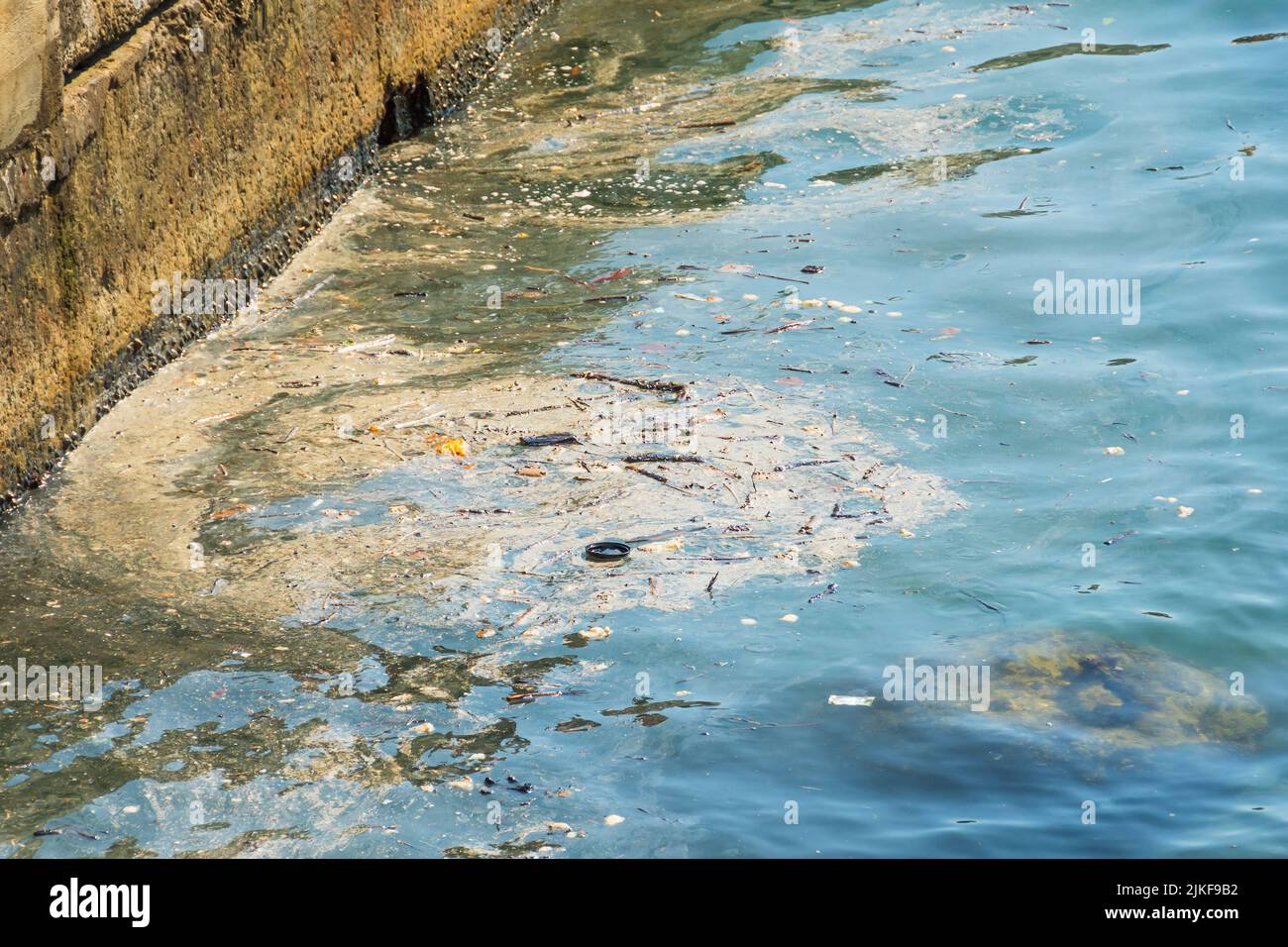 Basura y suciedad en la franja costera sobre la superficie del agua en el mar Foto de stock