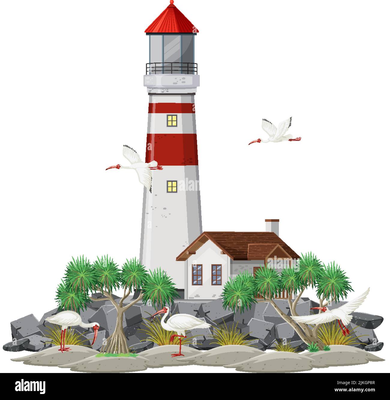 Torre del faro aislada e ilustración del grupo ibis Ilustración del Vector