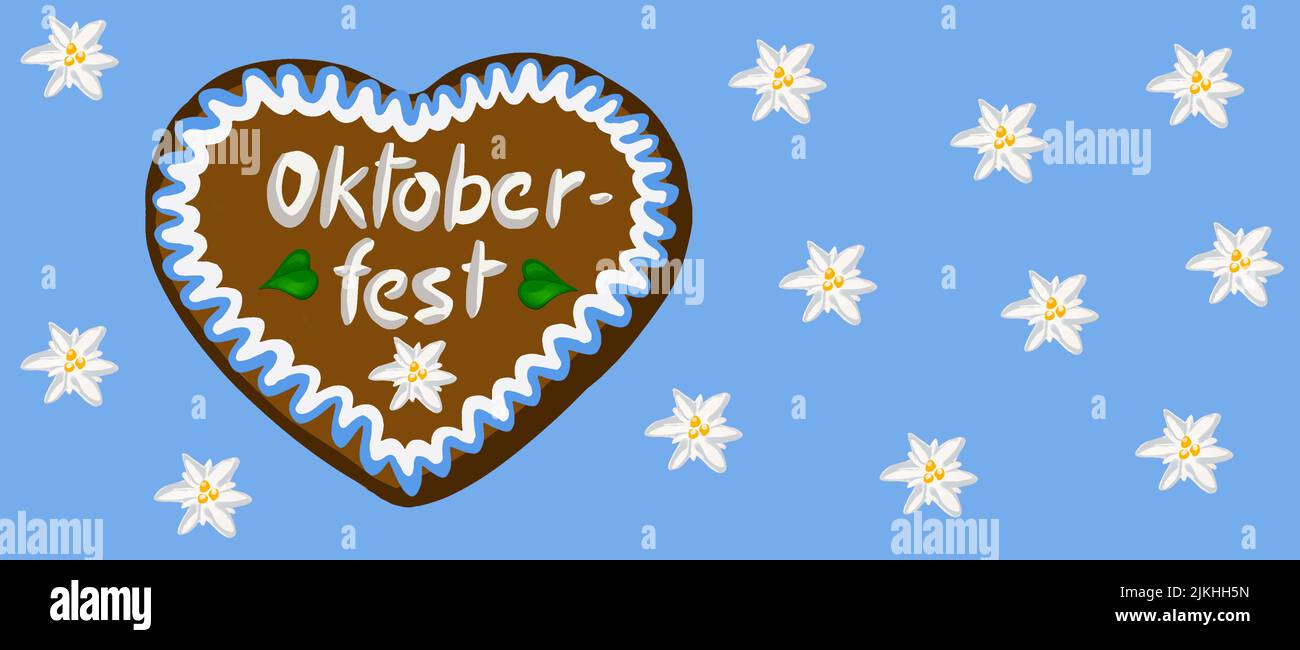 Pan de jengibre corazón Oktoberfest con fondo edelweiss Foto de stock