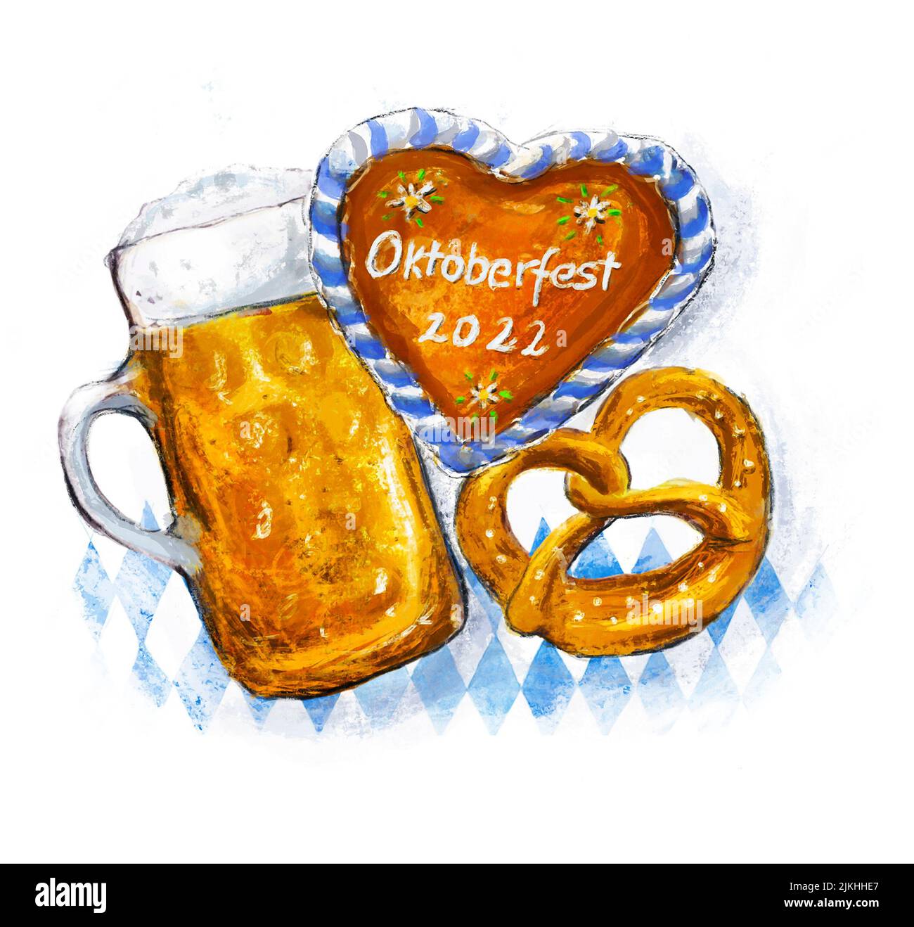 Ilustración, Oktoberfest pan de jengibre corazón con cerveza y pretzel Foto de stock