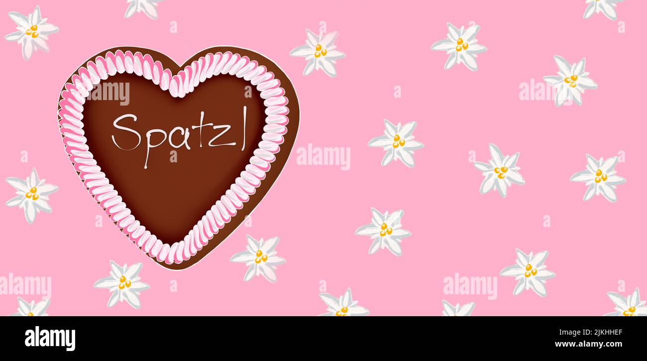 Ilustración, Oktoberfest corazón de pan de jengibre con inscripción Spatzl y rosa de fondo Edelweiss Foto de stock