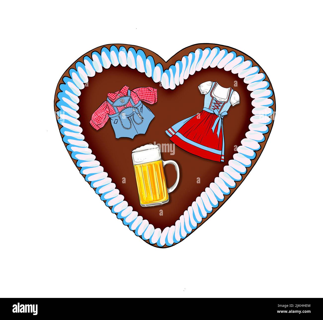 Ilustración, Oktoberfest pan de jengibre corazón con dirndl, lederhosen y cerveza Foto de stock