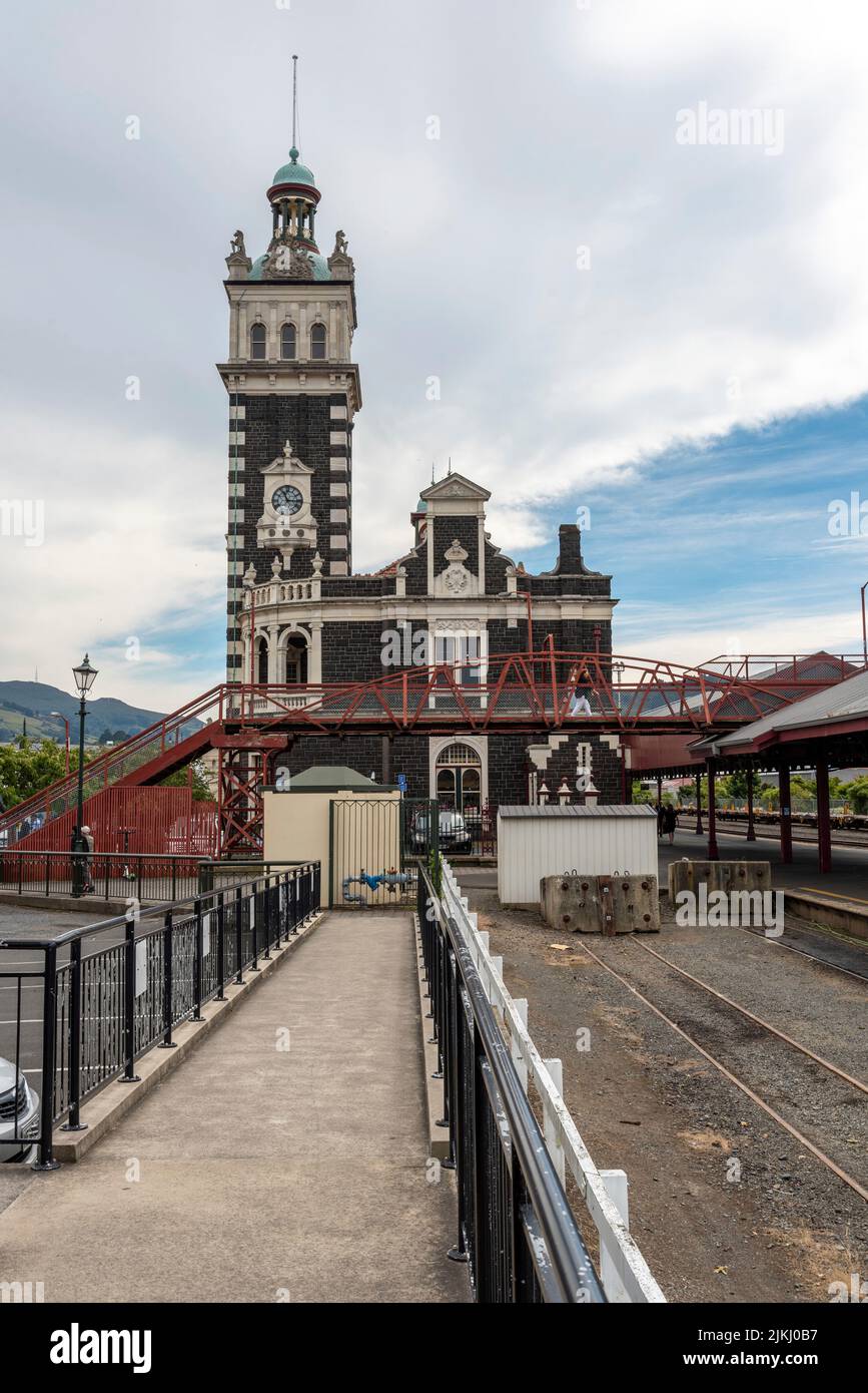 Detalles de la hermosa estación histórica de tren en Dunedin, Isla Sur de Nueva Zelanda Foto de stock