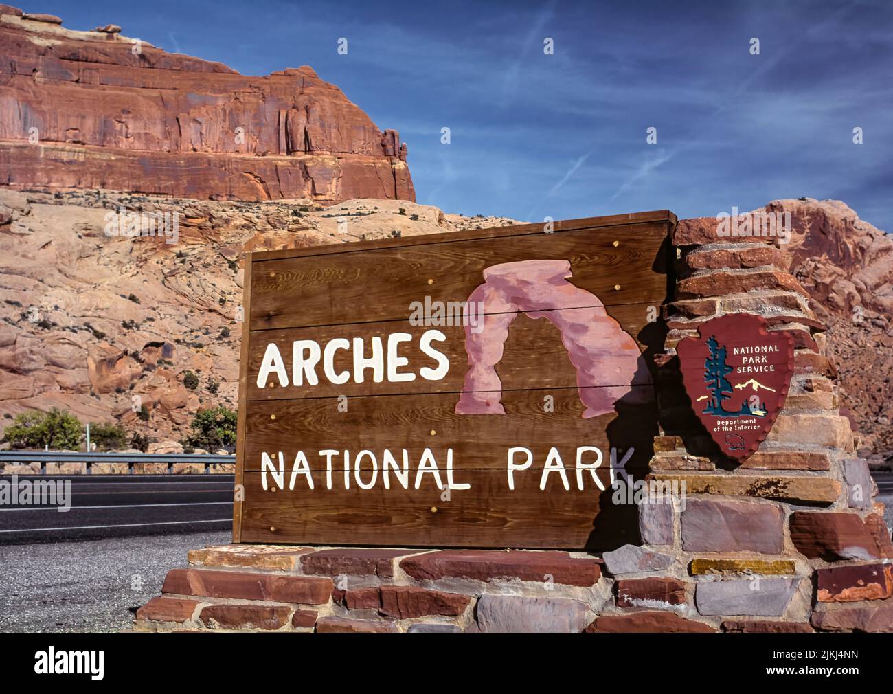 Señal de entrada, Parque Nacional Arches, Utah, EE.UU Foto de stock