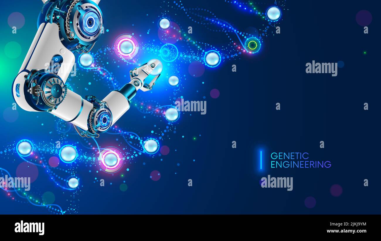 Micro robot edita la molécula de adn. Concepto futuro de ingeniería genética. El brazo robótico funciona, cambia los genes en el ADN molecular. Biotecnología futurista Ilustración del Vector