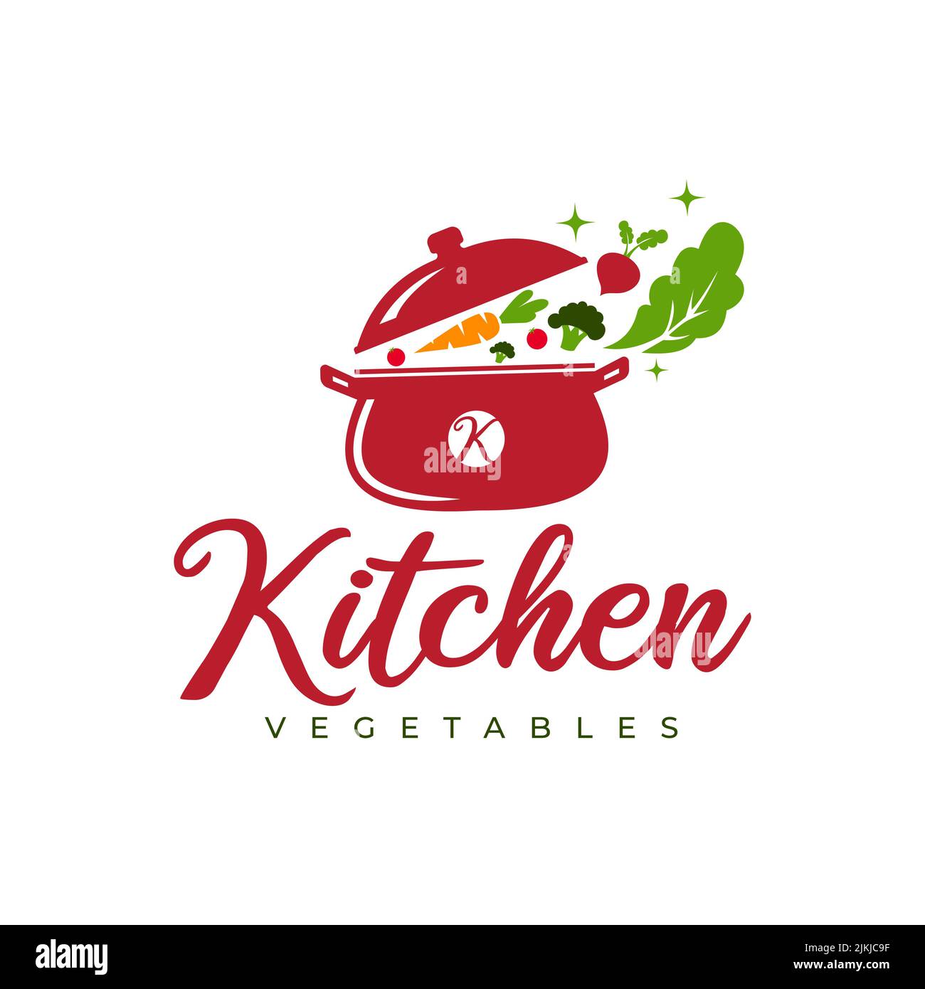 Logotipo de cocina casera con olla llena de verduras y vitaminas saludables. Cocina con ideas de diseño de logotipos. Idea de símbolo divertido con col, zanahoria, cebolla, tomate Ilustración del Vector