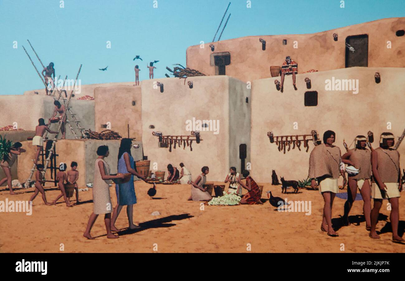 Ilustración que representa la vida diaria en la plaza Lowry Pueblo en el año 1125 de la Cultura Anasazi en la Meseta de Colorado. Foto de stock
