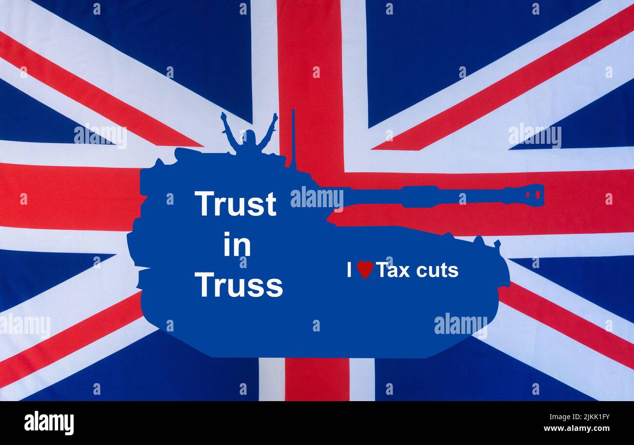 Liz Truss en tanque, recortes de impuestos, tory, partido conservador liderazgo concepto campaña. Foto de stock