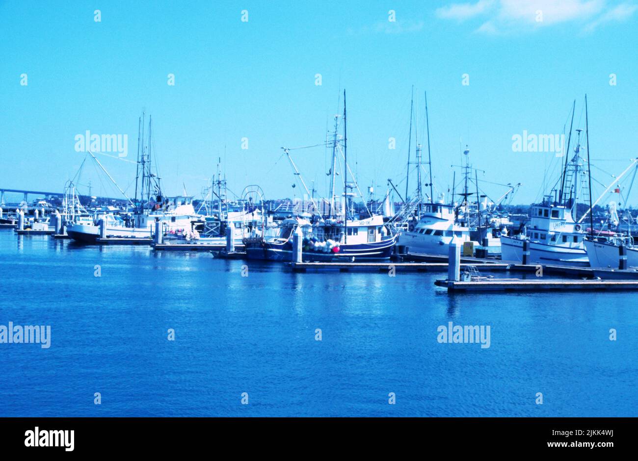 Barcos de la flota pesquera amarrados en la Bahía de San Diego Foto de stock
