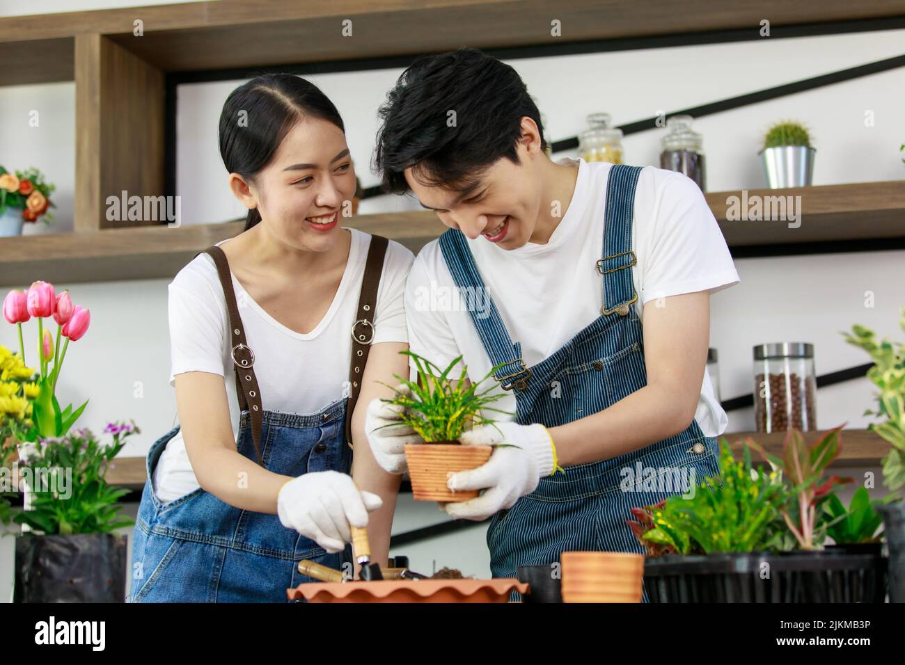 Una pareja del sudeste asiático cuidando las plantas y sonriendo Foto de stock