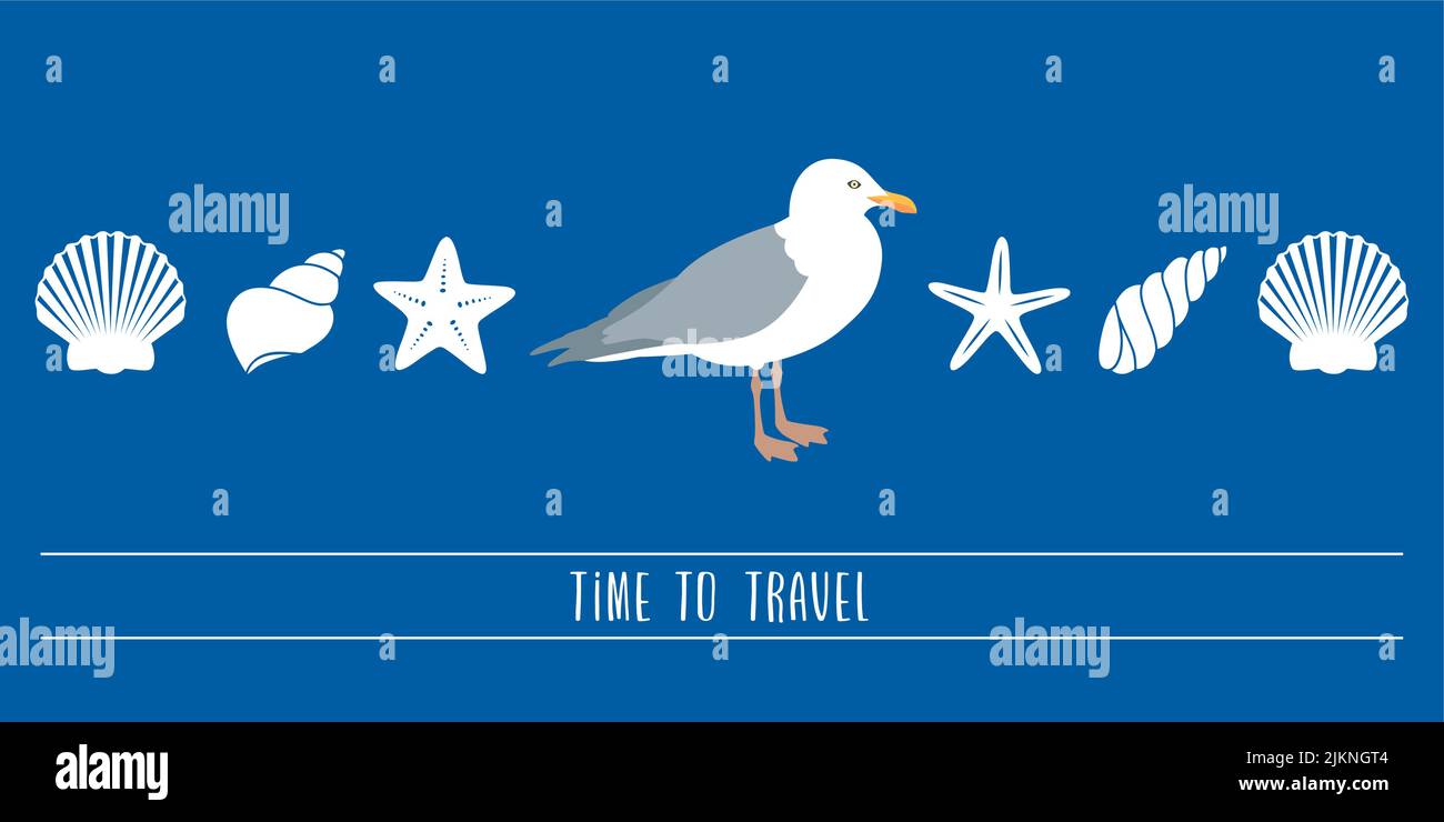 viaje verano banner de diseño de vacaciones con concha de gaviota mar estrella de mar Ilustración del Vector