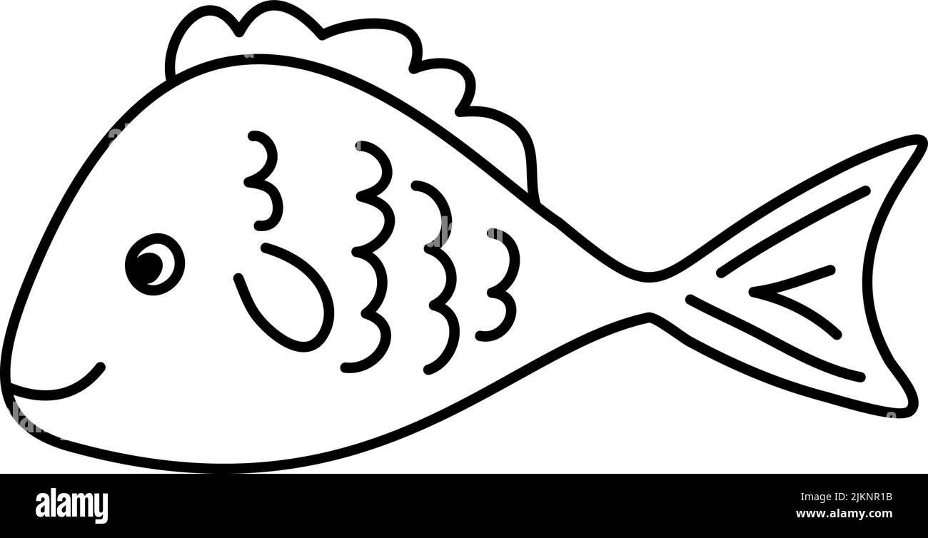 Vector Pez payaso de doodle dibujado a mano en estilo escandinavo monolino. Imagen para etiqueta, icono web, decoración postal. Alegre infantil, linda marina Ilustración del Vector
