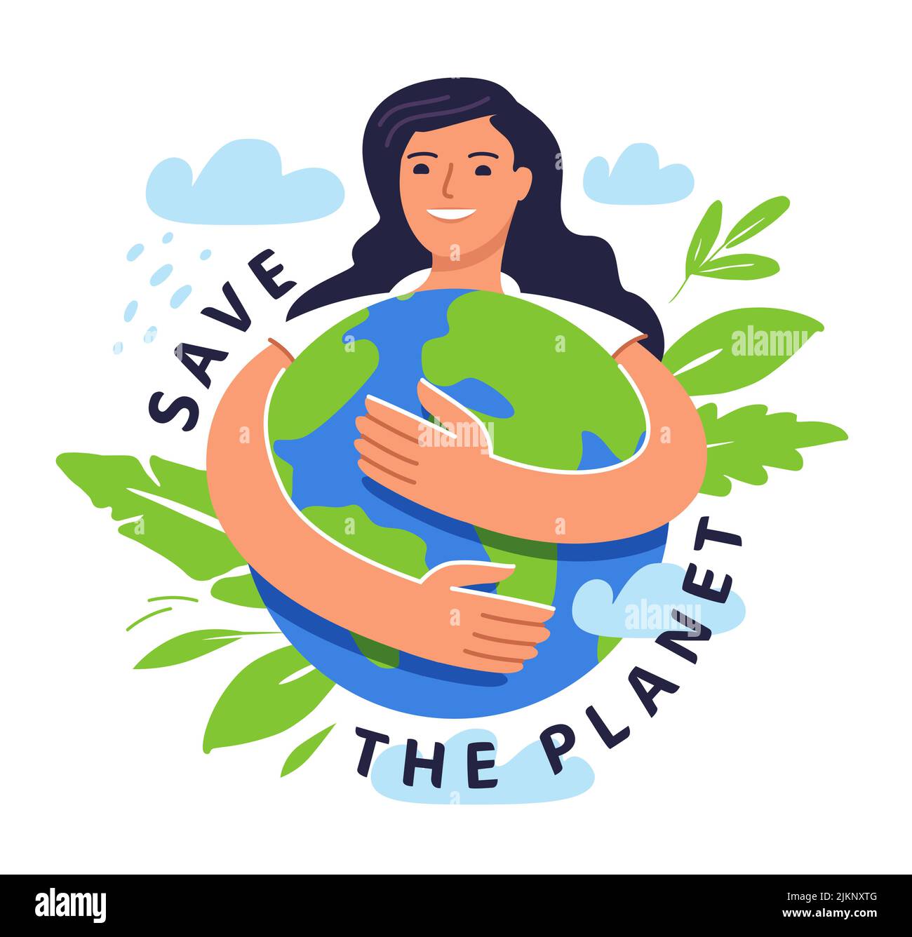 Chica sosteniendo el planeta en las manos. Humano y naturaleza, Ecología, Save Planet Earth Concept. Calentamiento global y cambio climático Ilustración del Vector