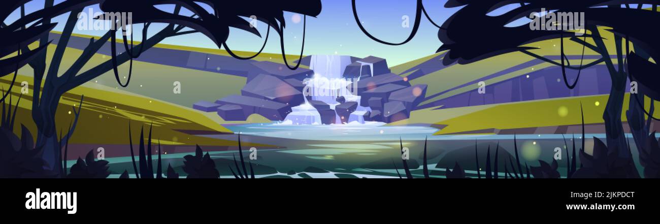 Cascada cascada en el paisaje de dibujos animados del bosque. Fondo panorámico con riachuelo que fluye desde las rocas hasta el arroyo o el lago bajo ramas de los árboles y la vid Ilustración del Vector