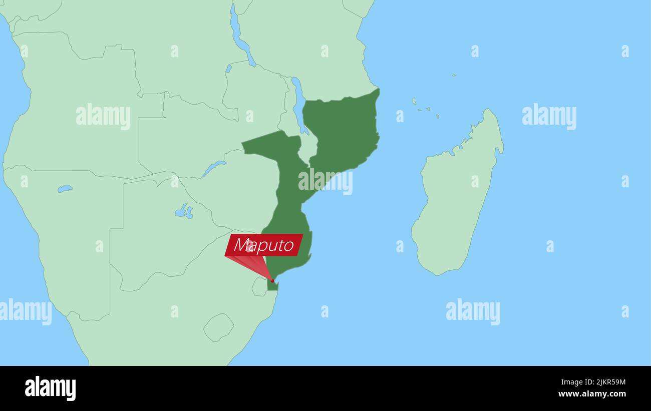 Mapa de Mozambique con pin de la capital del país. Mozambique Mapa con los países vecinos en color verde. Ilustración del Vector