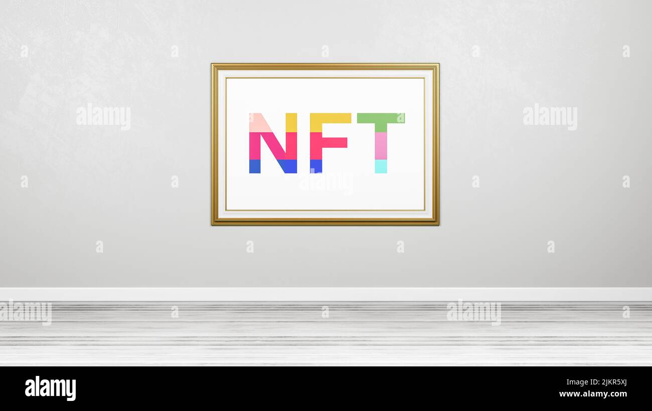 Texto en color NFT en un marco de imagen en la pared Foto de stock