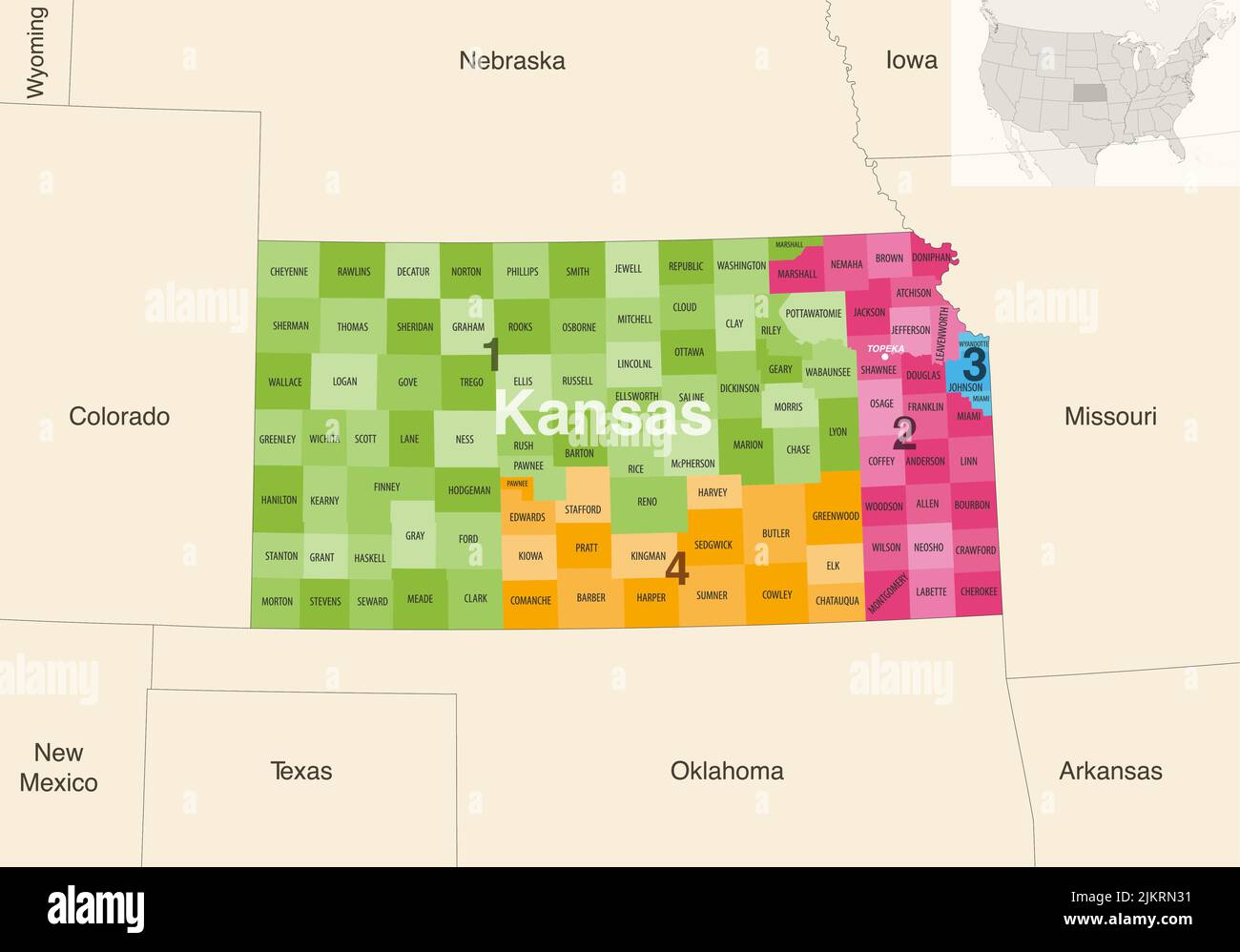 Los condados del estado de Kansas coloreados por el mapa vectorial de