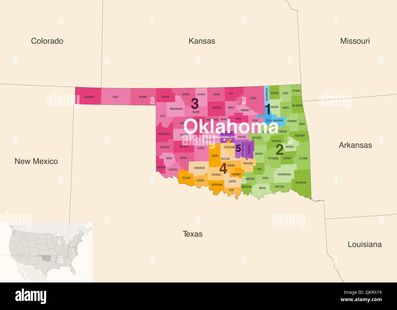 Los condados del estado de Oklahoma coloreados por los distritos del Los condados del estado de Oklahoma coloreados por los distritos del