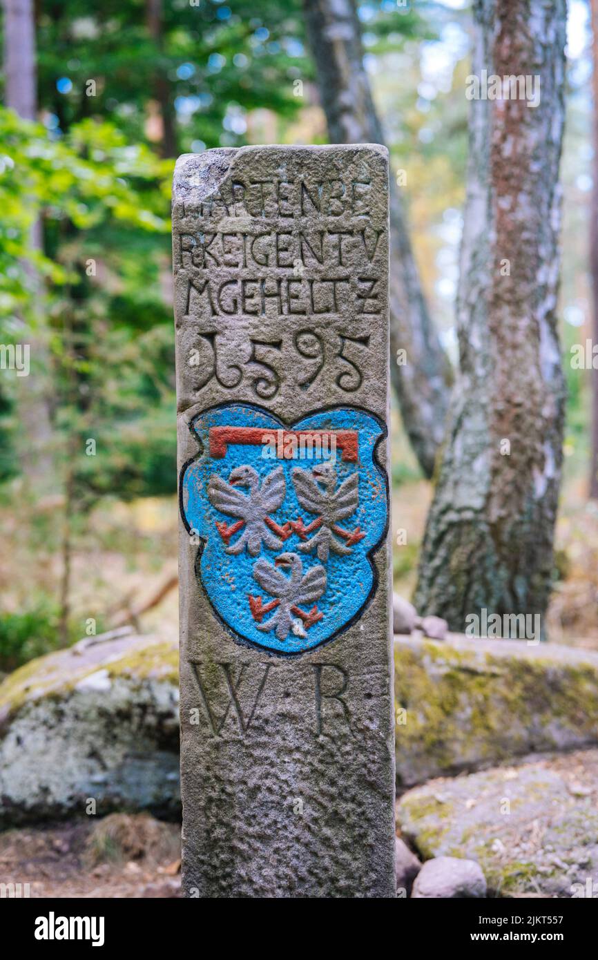 Piedra fronteriza en el Bosque del Palatinado, designando la antigua Leiningerland Foto de stock