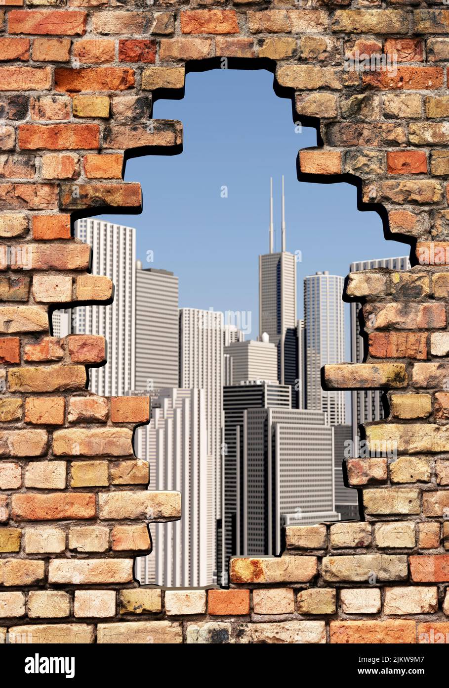 Vista a través de un agujero en la pared sobre el horizonte de una gran ciudad, formato retrato Foto de stock