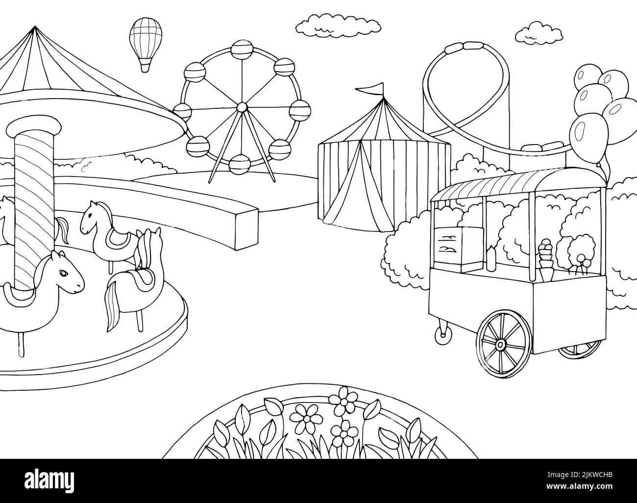 Parque de atracciones paisaje gráfico blanco negro dibujo ilustración vector Ilustración del Vector