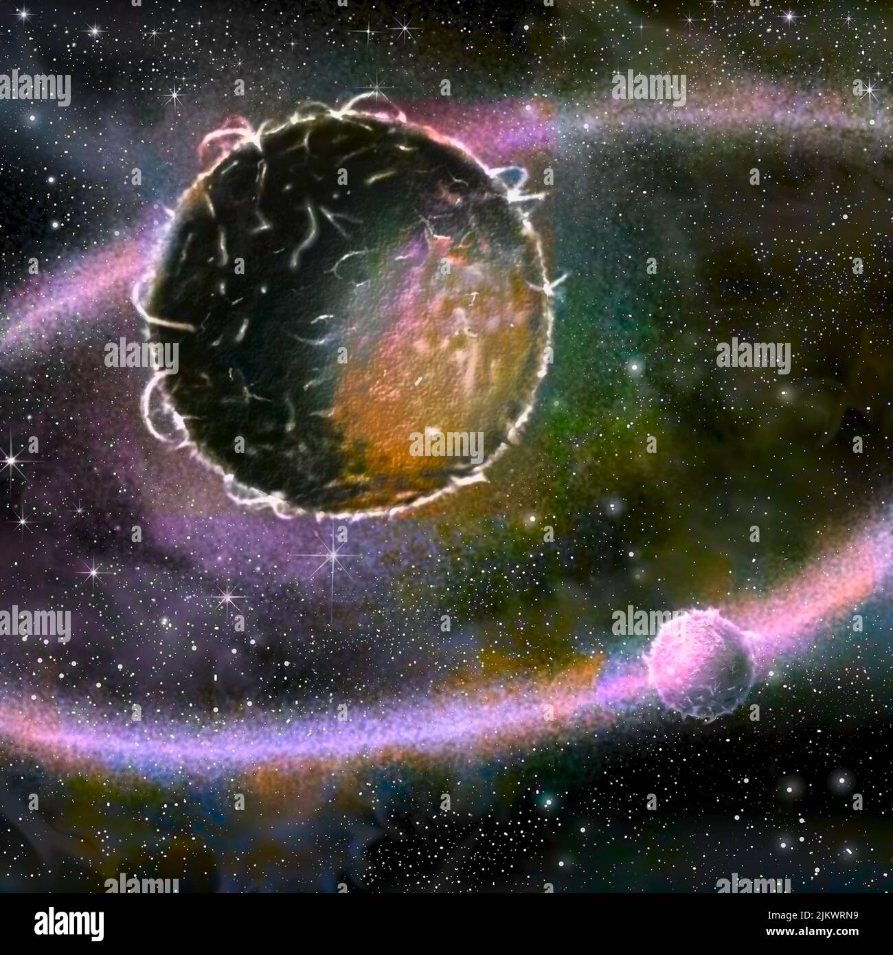Luna (Formación) PASO 7: La materia expulsada gira alrededor de la Tierra. Foto de stock