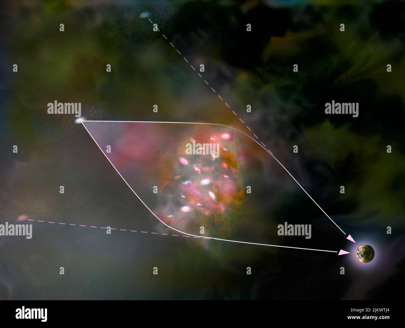 El espejismo gravitacional: La imagen de una galaxia observada distorsionada por un cúmulo de galaxias. Foto de stock