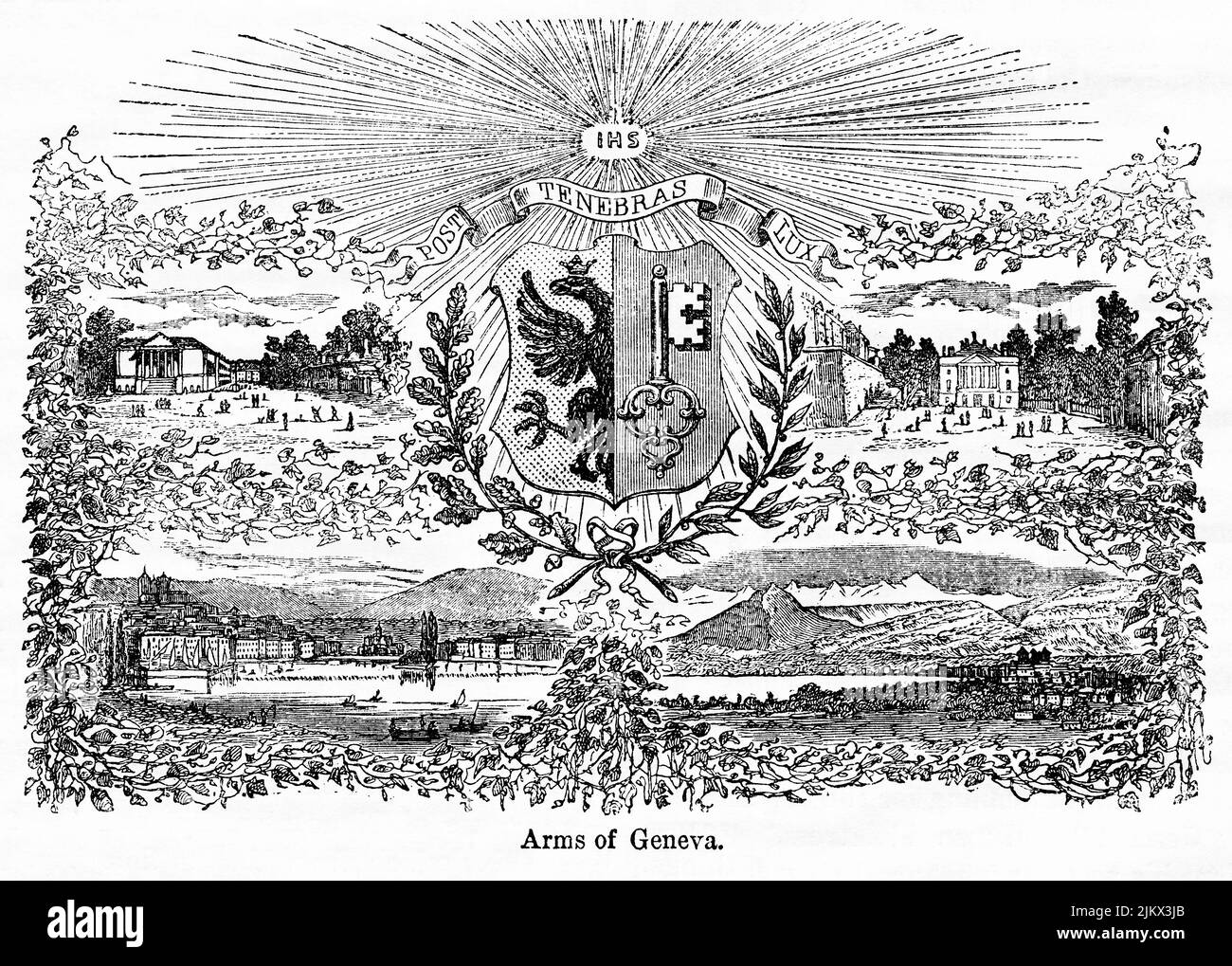 Arms of Geneva, Ilustración del libro, 'Historia ilustrada de Inglaterra de John Cassel, Volumen II', texto de William Howitt, Cassell, Petter y Galpin, Londres, 1858 Foto de stock