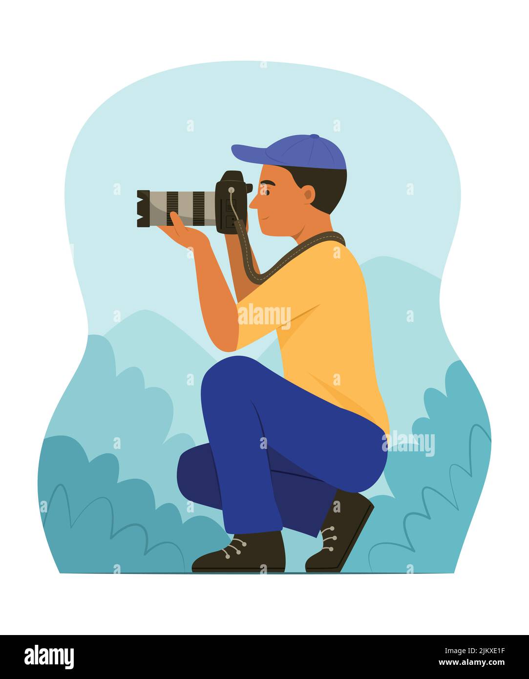 Joven fotógrafo Tomando foto de la naturaleza. Ilustración del Vector