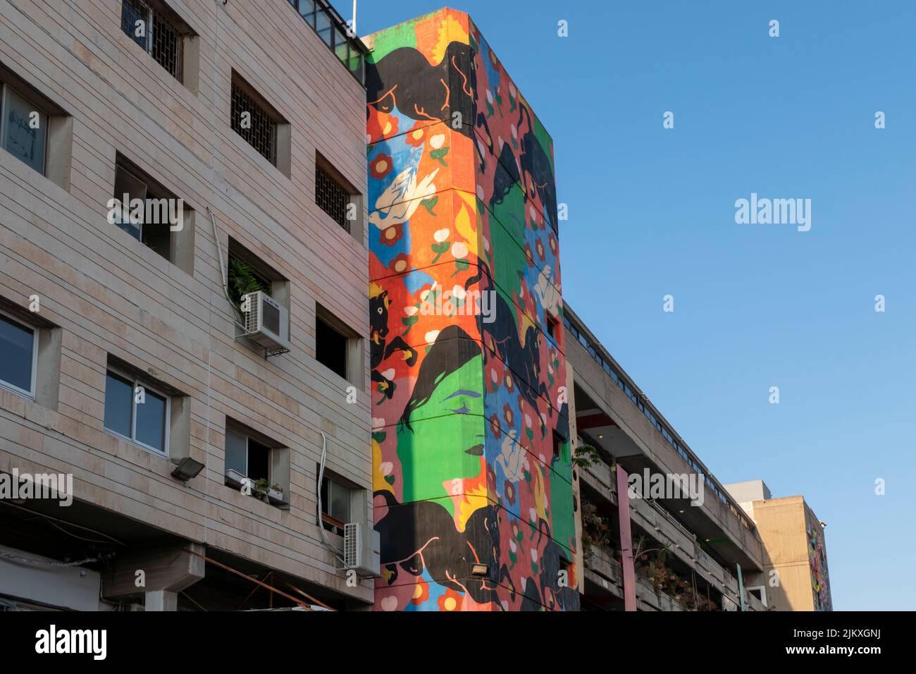 Pintura mural de artistas israelíes de la calle Broken Fingaz (dedos rotos) que son un colectivo de arte multidisciplinario de Haifa decora un edificio en la zona industrial Talpiot en Jerusalén Oeste de Israel Foto de stock