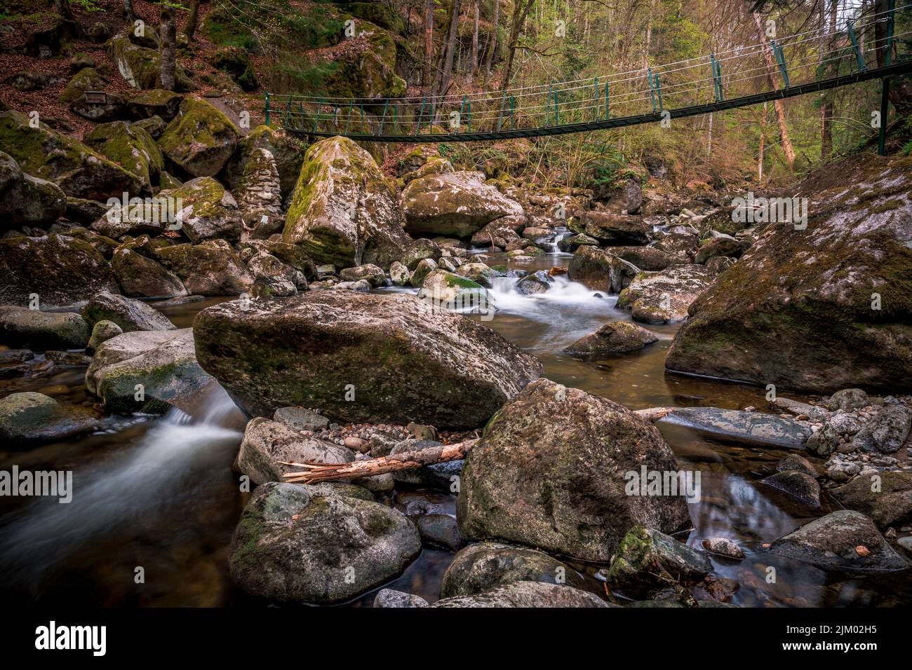 Paisaje forestal con río de montaña y piedras de musgo verde en el valle de la montaña. Paisaje natural torrente Buchberger Leite en el Bosque Bávaro, Germ Foto de stock