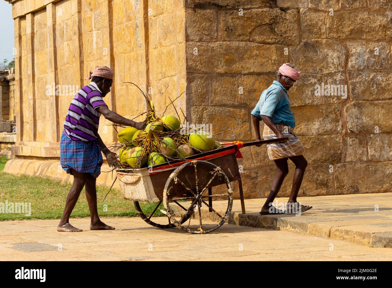 Gente vendiendo cocos en carro fuera del templo, Gangaikonda Cholapuram, Ariyalur, Tamilnadu, India. Foto de stock