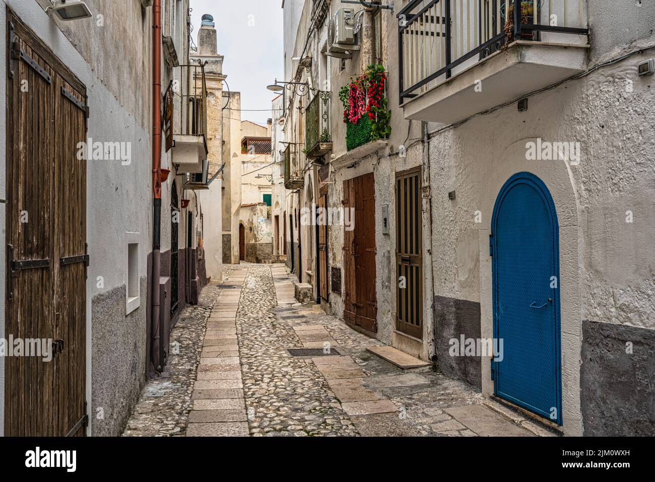 Característico callejón con la escalera empedrada típica de los pequeños pueblos costeros de Puglia. Peschici, provincia de Foggia, Apulia, Italia, Europa Foto de stock