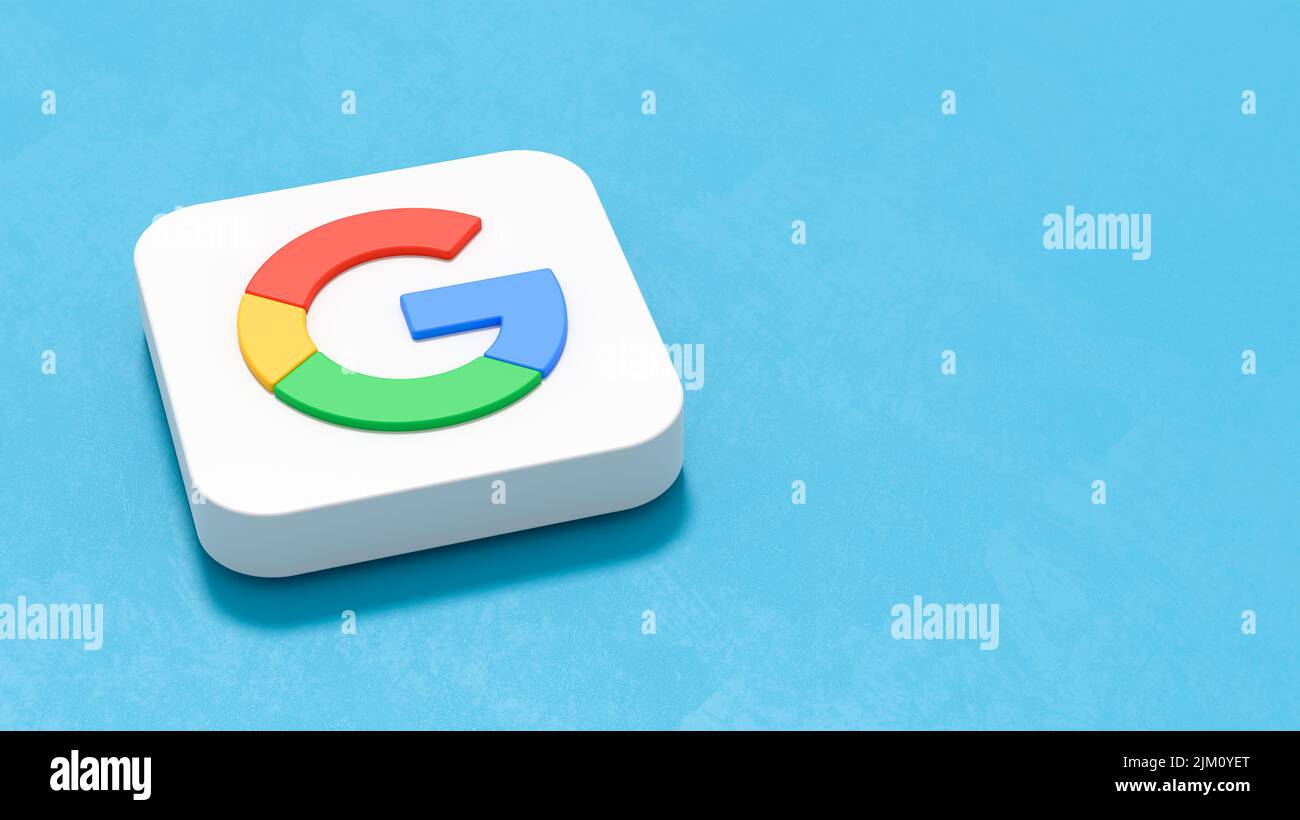 Icono de Google App sobre fondo azul con espacio de copia Foto de stock