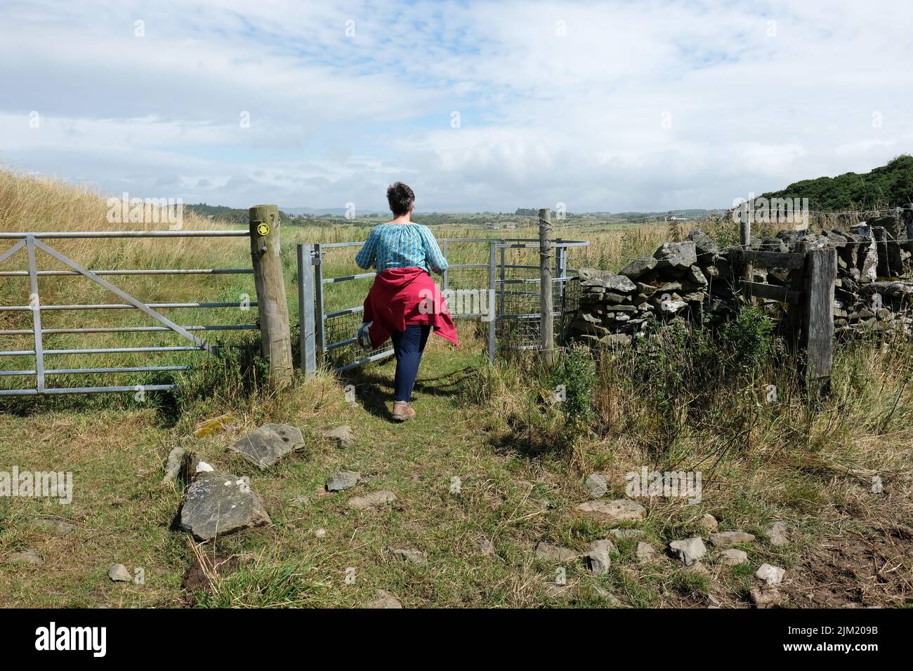 Kirkandrews Escocia - mujer caminando a lo largo de la costa cerca de la aldea de Kirkandrews al lado de Wigtown Bay en julio de 2022 Foto de stock