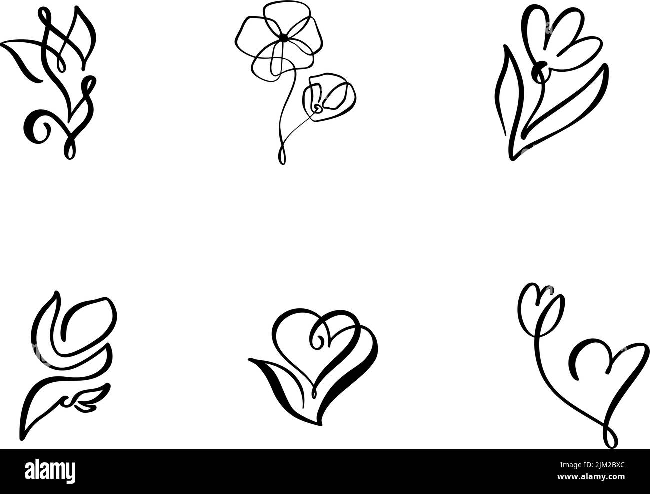 Conjunto de dibujo continuo de líneas de dibujo Vector Calligraphic Flor logotipo. Croquis negro de plantas aisladas sobre fondo blanco. Ilustración de una línea Ilustración del Vector