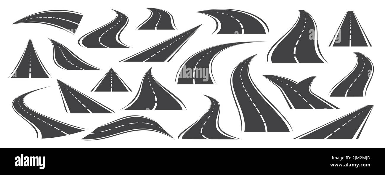 Curvas de asfalto y carreteras. Carretera, carretera sinuosa con marcas blancas. Concepto de viaje y transporte Ilustración del Vector