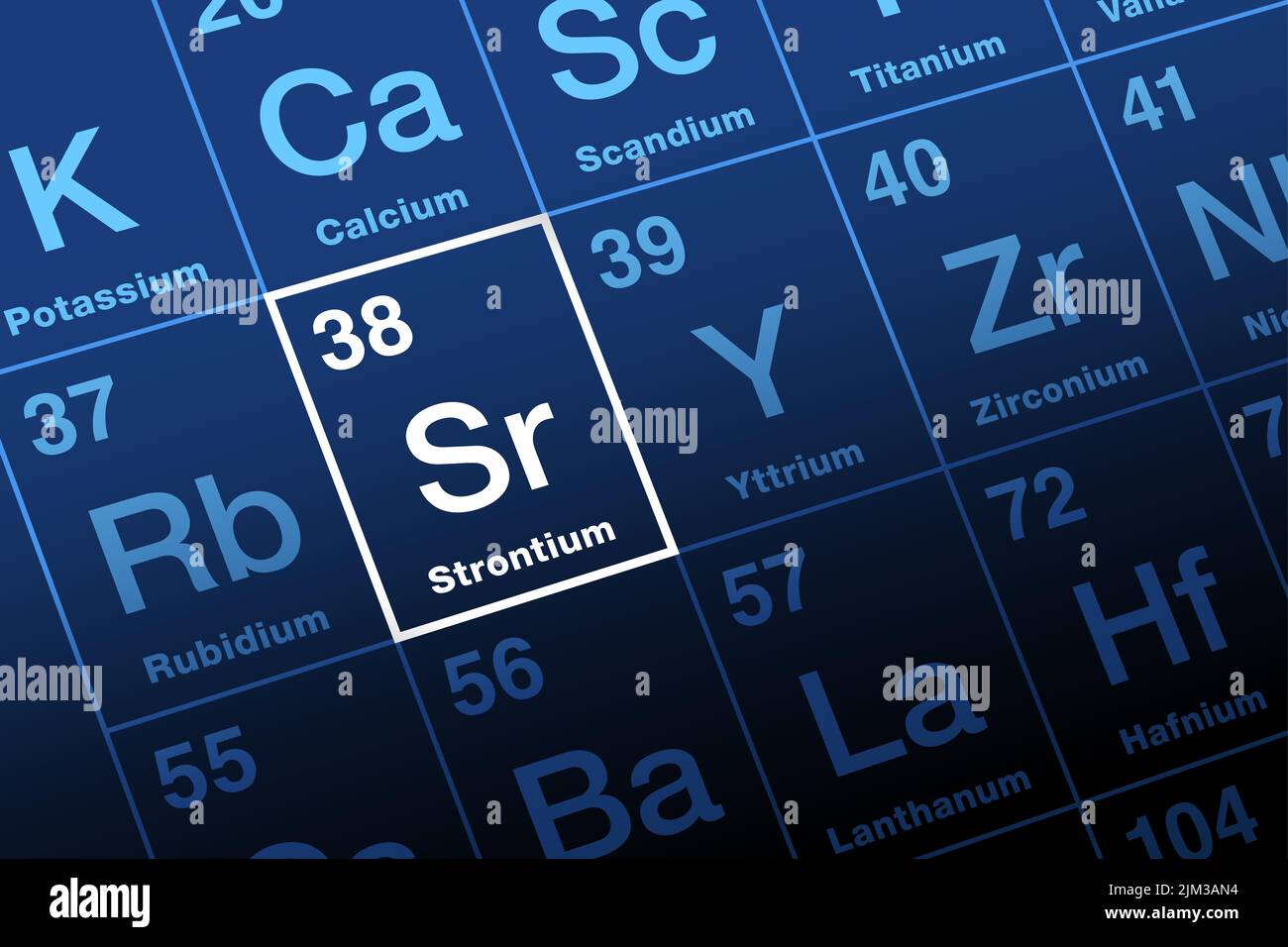 Estroncio sobre tabla periódica de los elementos. Metal alcalino de tierra y elemento químico con número atómico 38 y símbolo Sr. Foto de stock