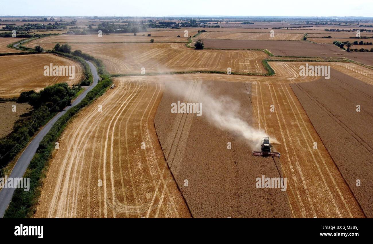 Una cosechadora en el trabajo durante el clima cálido en Romney Marsh cerca de Ashford en Kent. Fecha de la foto: Jueves 4 de agosto de 2022. Foto de stock