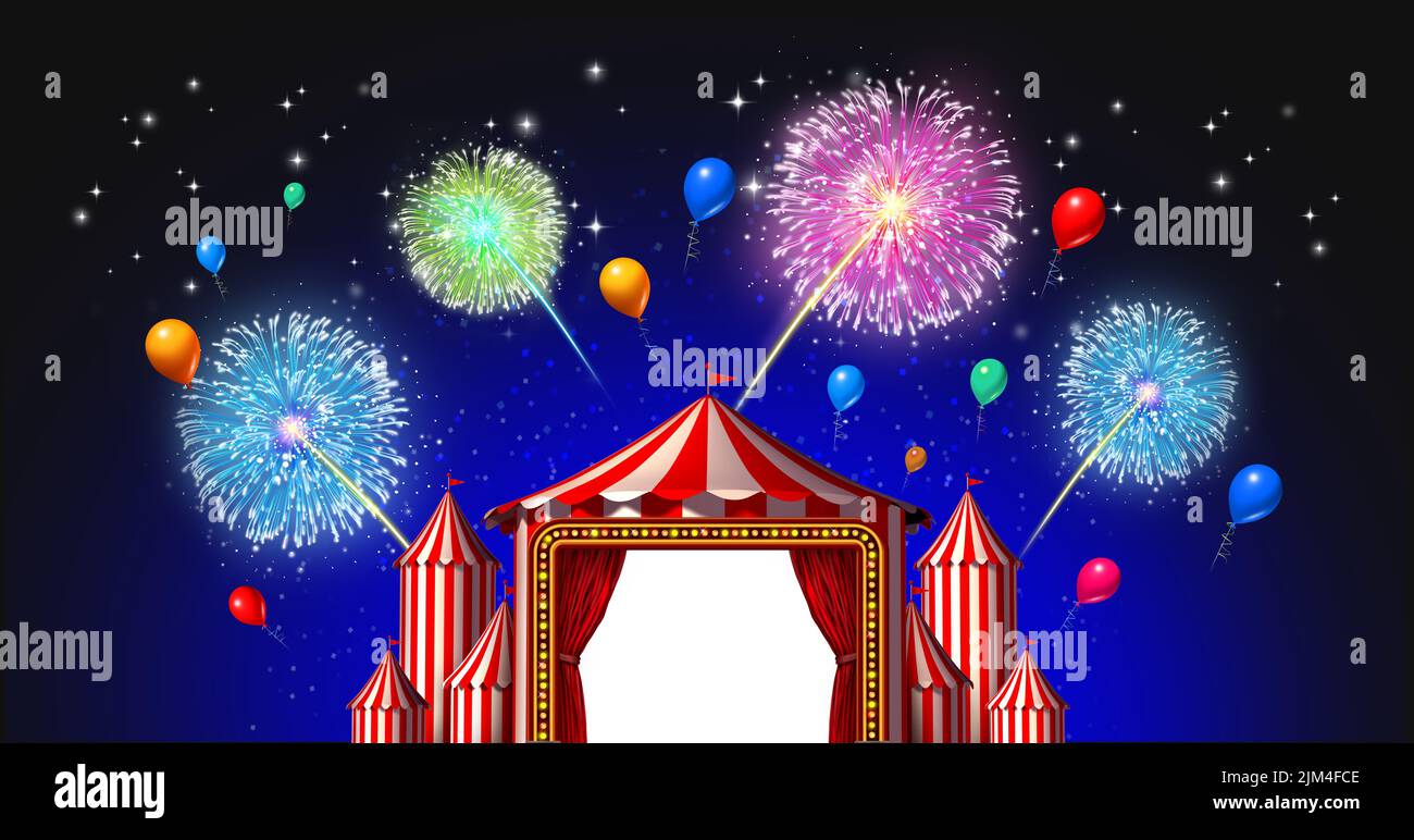 Noche de circo carpa principal fiesta de eventos con fuegos artificiales como una fiesta nocturna celebración festival. Foto de stock
