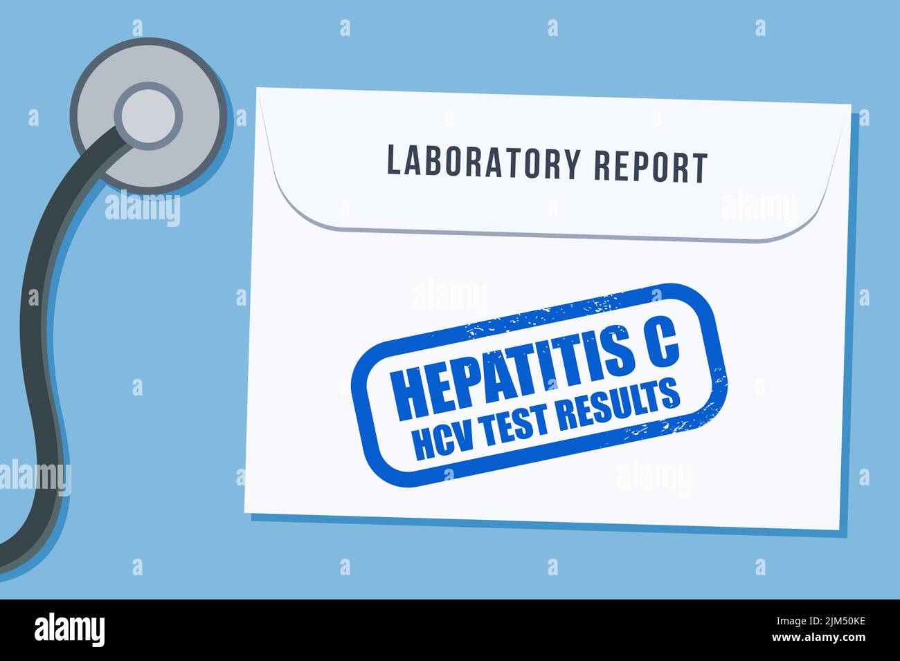 Los resultados de las pruebas de laboratorio de hepatitis C (VHC). Concepto de salud. Sobre de informe de laboratorio médico. Ilustración vectorial. Ilustración del Vector