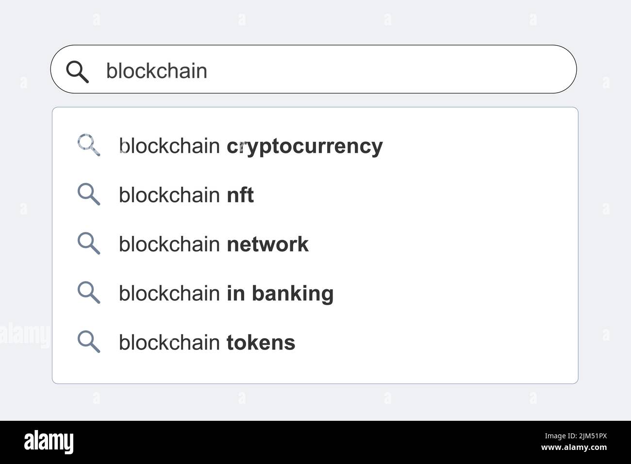 Resultados de búsqueda de tecnología Blockchain. Blockchain tema búsqueda en línea sugerencias autocompletas. Ilustración del Vector