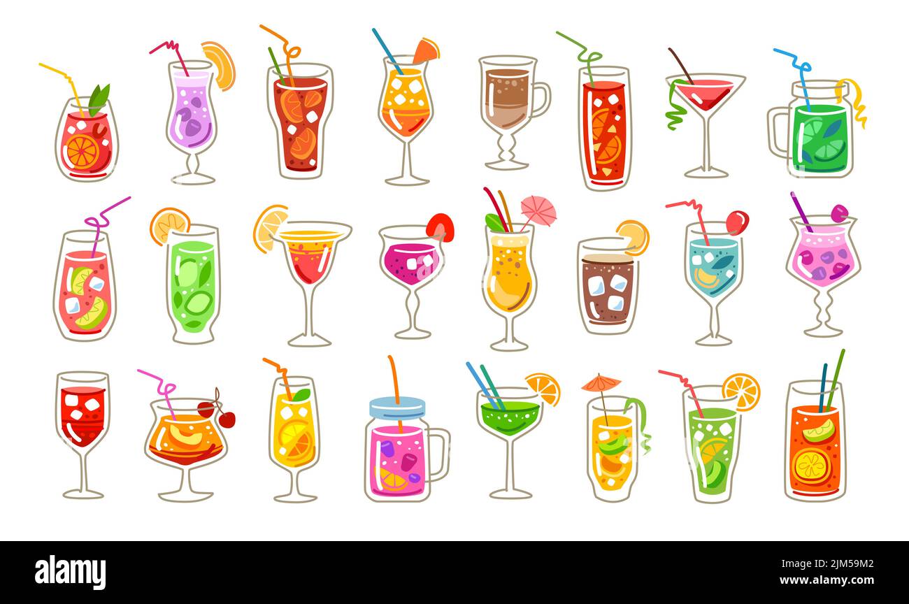 Conjunto de cócteles tropicales. Colección de bebidas de verano con frutas y bayas. Ilustración vectorial de dibujos animados de estilo plano Ilustración del Vector
