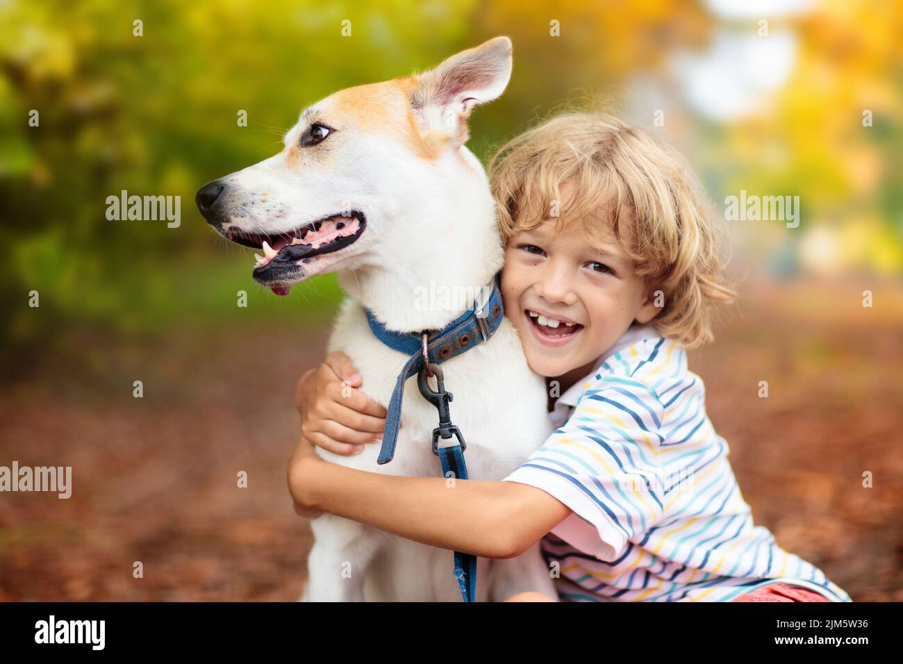 Niño jugando con su perro. Niños y perros. Niño abrazando a su mascota
