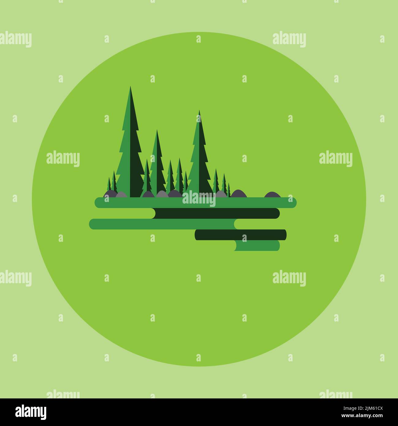 Un logotipo redondo con un denso bosque sobre fondo verde.Ilustración vectorial. Ilustración del Vector