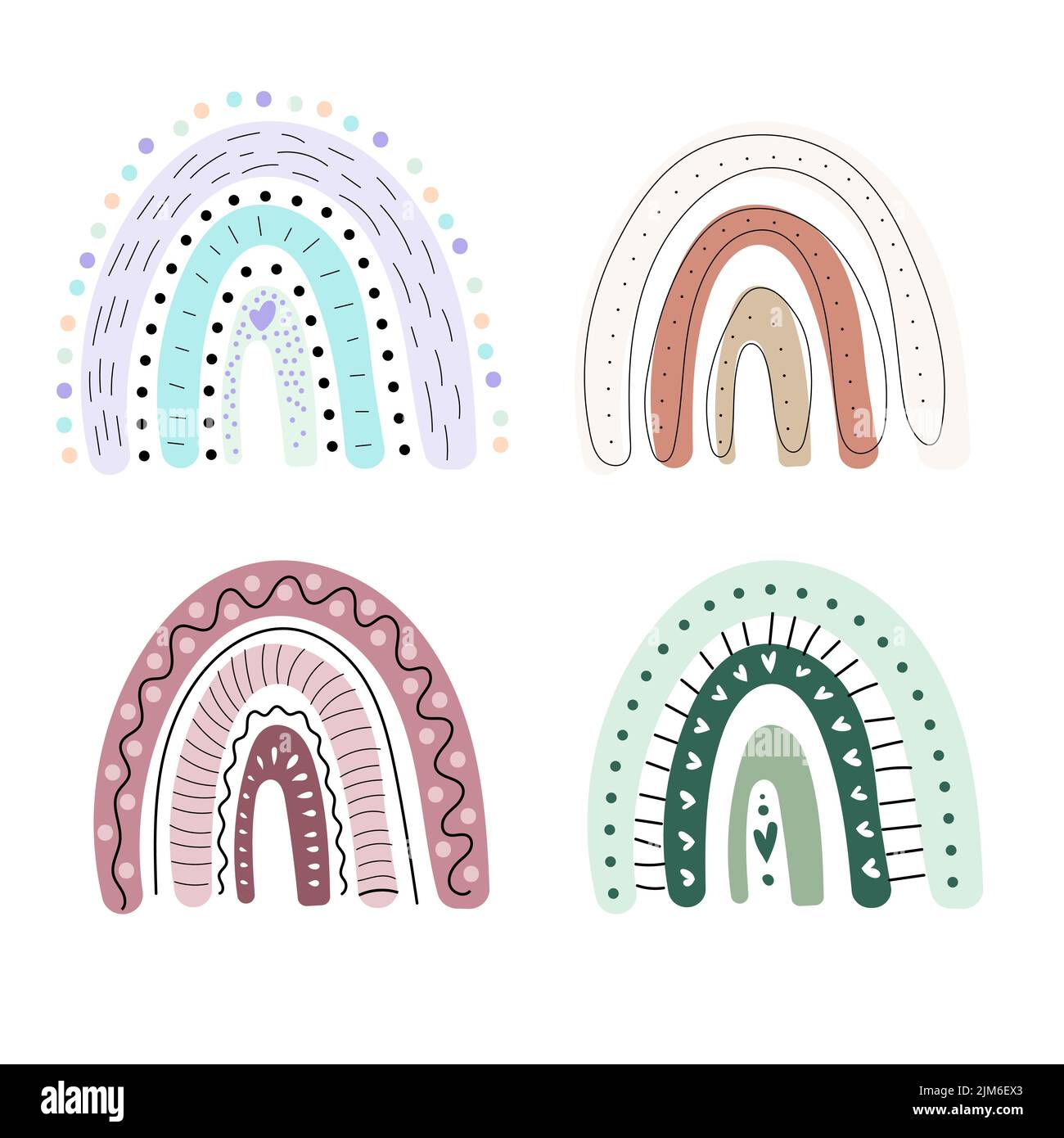 Juego de colores boho arcoiris dibujado a mano. Formas orgánicas escandinavas. Para la decoración del hogar, ducha del bebé, sitio de los niños, cumpleaños. Ilustración vectorial, fla Ilustración del Vector